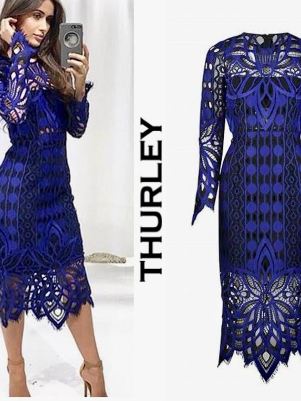 Thurley Royal Blue Crochet Lace Long Sleeve Midi Dress